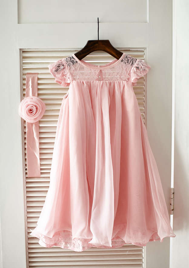 Knee-Length Chiffon Lace Flower Girl Dress with Pleated Sashes - A-line/Princess Scoop Neck