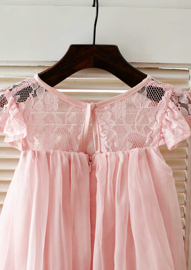 Knee-Length Chiffon Lace Flower Girl Dress with Pleated Sashes - A-line/Princess Scoop Neck