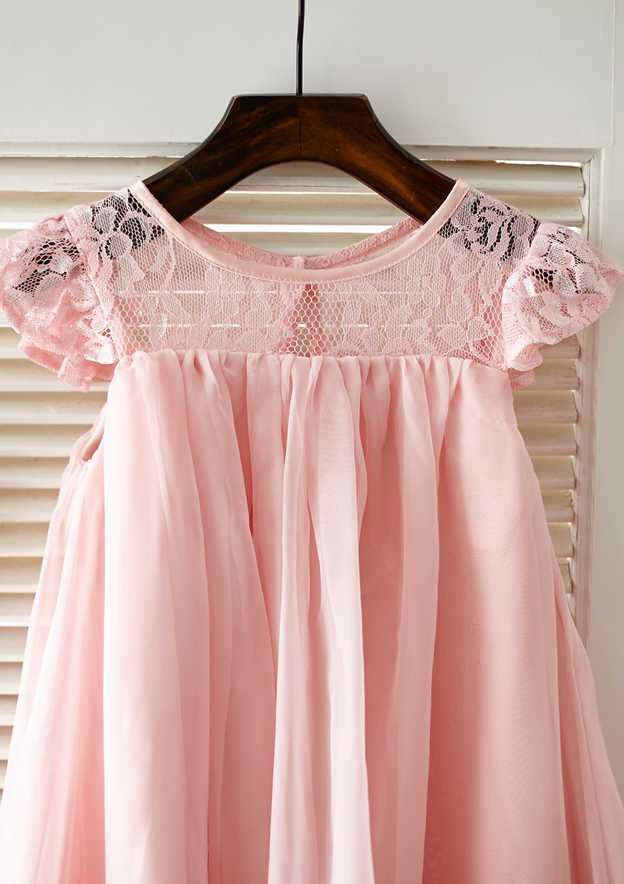 Knee-Length Chiffon Lace Flower Girl Dress with Pleated Sashes - A-line/Princess Scoop Neck