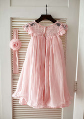 Knee-Length Chiffon Lace Flower Girl Dress with Pleated Sashes - A-line/Princess Scoop Neck