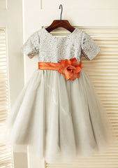 Knee-Length Sequined Tulle Flower Girl Dress with Floral Accents - Short Sleeve A-line/Princess Scoop Neck