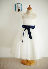 Ankle-Length Lace and Tulle Flower Girl Dress with Graceful Sashes - A-line/Princess Illusion Neck