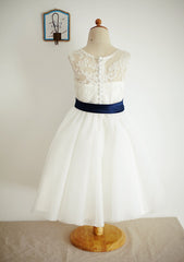 Ankle-Length Lace and Tulle Flower Girl Dress with Graceful Sashes - A-line/Princess Illusion Neck