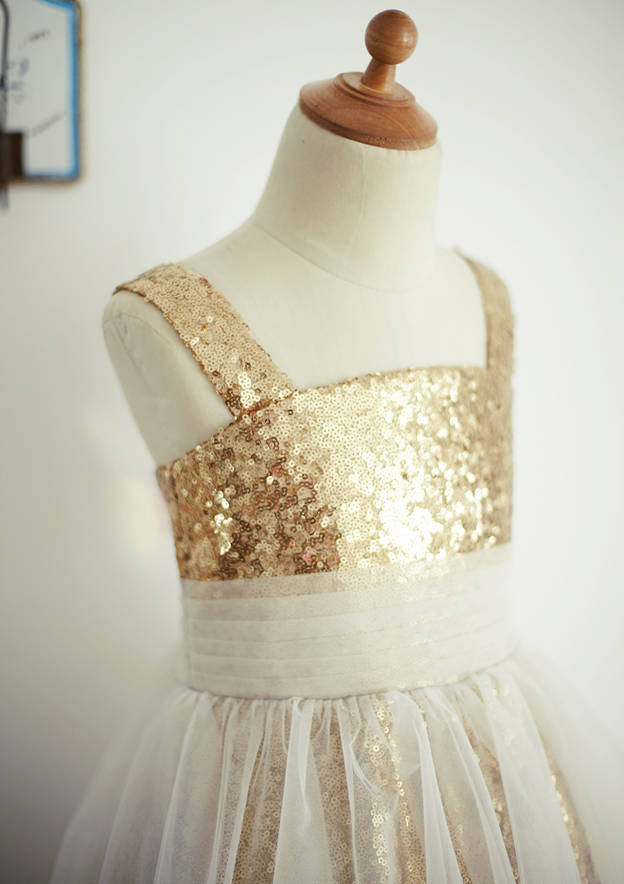 Ankle-Length Sequined Tulle Flower Girl Dress - A-line/Princess Square Neckline