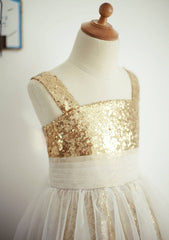 Ankle-Length Sequined Tulle Flower Girl Dress - A-line/Princess Square Neckline