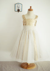 Ankle-Length Sequined Tulle Flower Girl Dress - A-line/Princess Square Neckline