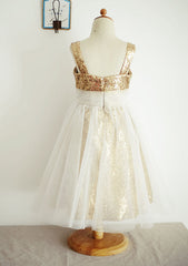 Ankle-Length Sequined Tulle Flower Girl Dress - A-line/Princess Square Neckline