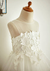 Tea-Length Lace and Tulle Flower Girl Dress with Appliqu¨¦ Details - A-line/Princess Illusion Neck