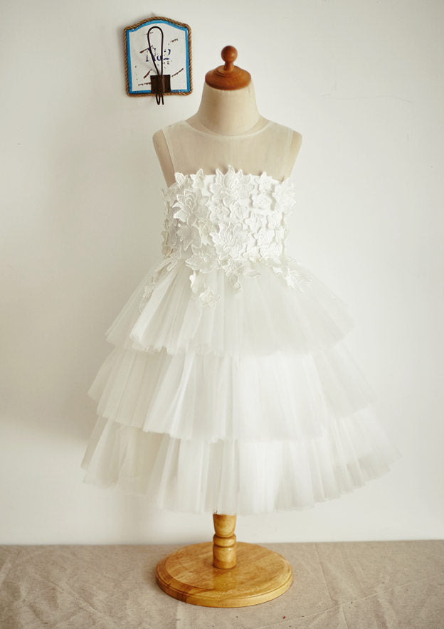 Tea-Length Lace and Tulle Flower Girl Dress with Appliqu¨¦ Details - A-line/Princess Illusion Neck