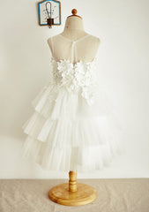 Tea-Length Lace and Tulle Flower Girl Dress with Appliqu¨¦ Details - A-line/Princess Illusion Neck