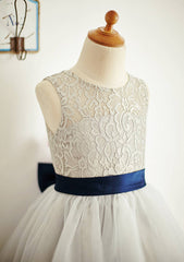 Ankle-Length Lace and Tulle Flower Girl Dress with Bowknot Sashes - A-line/Princess Scoop Neck