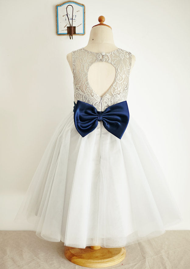 Ankle-Length Lace and Tulle Flower Girl Dress with Bowknot Sashes - A-line/Princess Scoop Neck