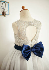 Ankle-Length Lace and Tulle Flower Girl Dress with Bowknot Sashes - A-line/Princess Scoop Neck