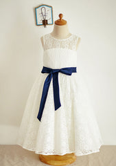 Ankle-Length Lace and Tulle Flower Girl Dress with Stylish Sashes - A-line/Princess Scoop Neck