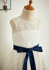 Ankle-Length Lace and Tulle Flower Girl Dress with Stylish Sashes - A-line/Princess Scoop Neck