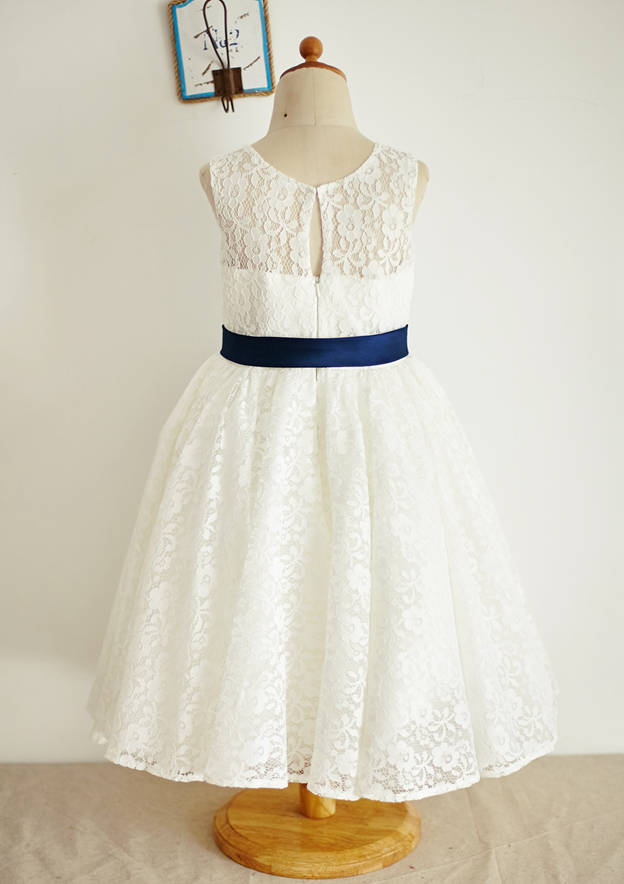 Ankle-Length Lace and Tulle Flower Girl Dress with Stylish Sashes - A-line/Princess Scoop Neck