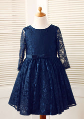 3/4 Sleeve Knee-Length Lace Flower Girl Dress with Charming Bowknot - A-line/Princess Scoop Neck