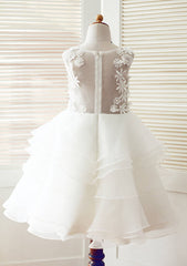 Knee-Length Lace and Tulle Flower Girl Dress with Appliqu¨¦ and Ruffles - A-line/Princess Scoop Neck