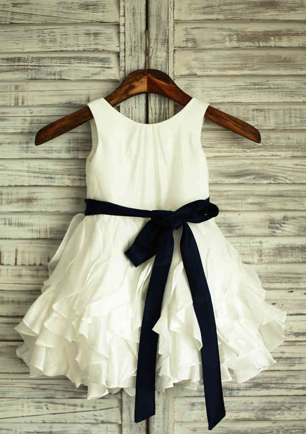 Knee-Length Satin Flower Girl Dress with Stylish Ruffled Sashes - A-line/Princess Scoop Neck