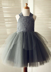 Knee-Length Halter Lace and Tulle Flower Girl Dress with Charming Bowknot - A-line/Princess