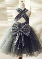 Knee-Length Halter Lace and Tulle Flower Girl Dress with Charming Bowknot - A-line/Princess