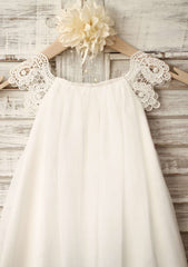 Tea-Length Chiffon and Lace Flower Girl Dress - A-line/Princess Scoop Neck