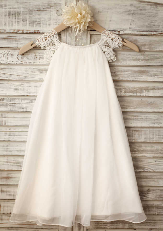 Tea-Length Chiffon and Lace Flower Girl Dress - A-line/Princess Scoop Neck