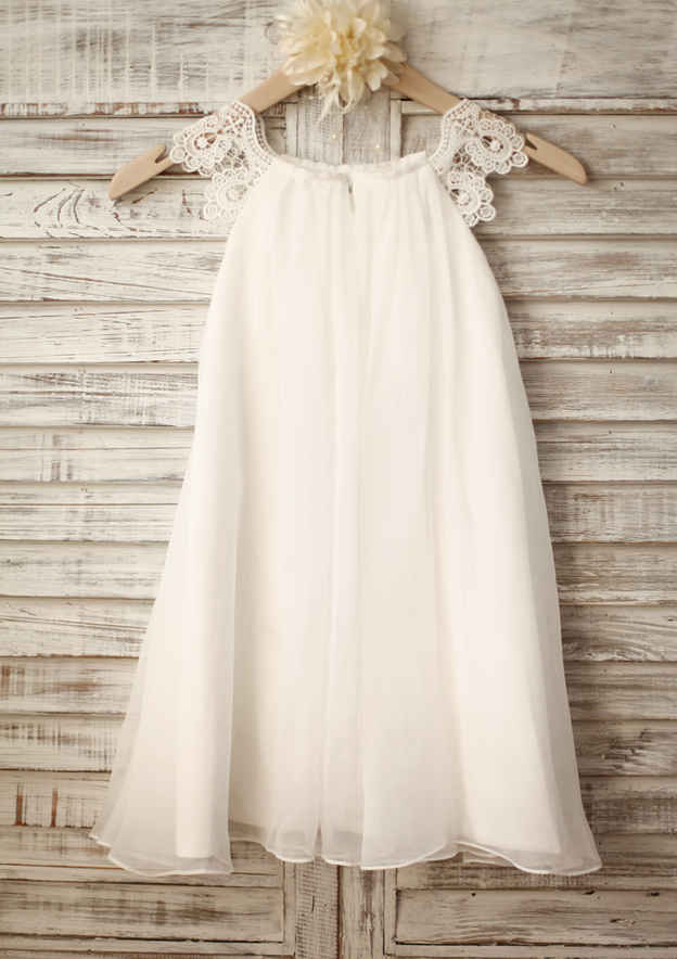 Tea-Length Chiffon and Lace Flower Girl Dress - A-line/Princess Scoop Neck