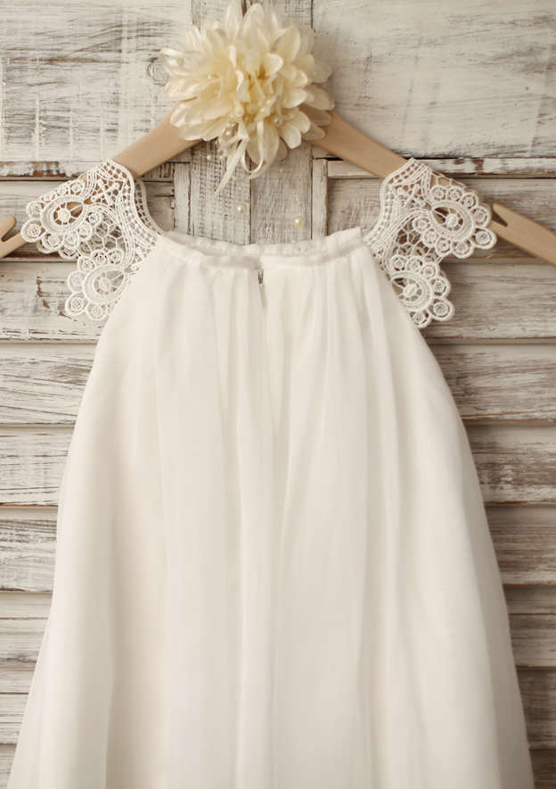 Tea-Length Chiffon and Lace Flower Girl Dress - A-line/Princess Scoop Neck