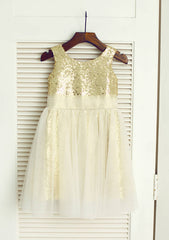 Knee-Length Sequined Tulle Flower Girl Dress - A-line/Princess Scoop Neck