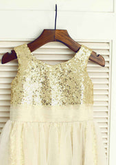 Knee-Length Sequined Tulle Flower Girl Dress - A-line/Princess Scoop Neck