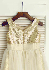 Knee-Length Sequined Tulle Flower Girl Dress - A-line/Princess Scoop Neck