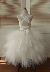 Asymmetrical Lace and Tulle Flower Girl Dress with Elegant Bandage - A-line/Princess Scoop Neck