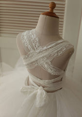 Asymmetrical Lace and Tulle Flower Girl Dress with Elegant Bandage - A-line/Princess Scoop Neck