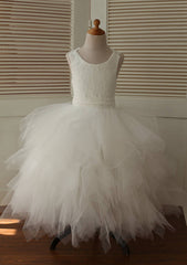 Asymmetrical Lace and Tulle Flower Girl Dress with Elegant Bandage - A-line/Princess Scoop Neck