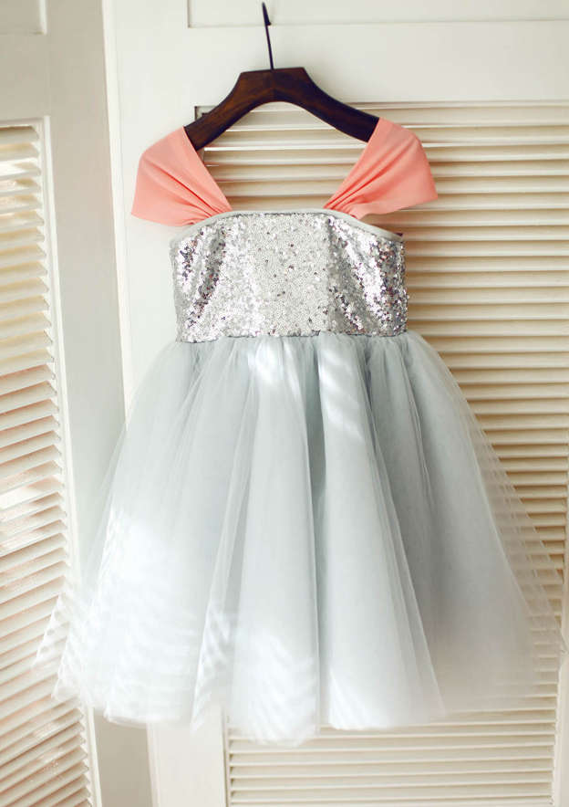 Knee-Length Sequined Tulle Flower Girl Dress - A-line/Princess Square Neckline