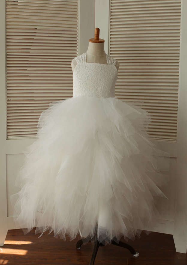 Asymmetrical Tulle Flower Girl Dress with Cute Bowknot - A-line/Princess Square Neckline