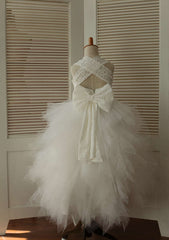 Asymmetrical Tulle Flower Girl Dress with Cute Bowknot - A-line/Princess Square Neckline