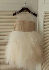 Knee-Length Illusion Neck Sequined Tulle Flower Girl Dress - A-line/Princess