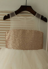 Knee-Length Illusion Neck Sequined Tulle Flower Girl Dress - A-line/Princess