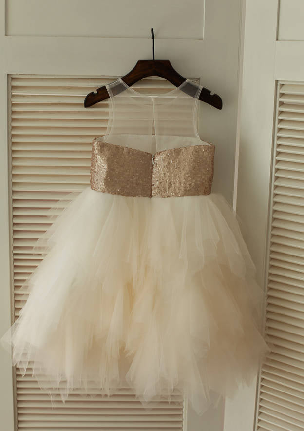 Knee-Length Illusion Neck Sequined Tulle Flower Girl Dress - A-line/Princess