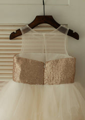 Knee-Length Illusion Neck Sequined Tulle Flower Girl Dress - A-line/Princess