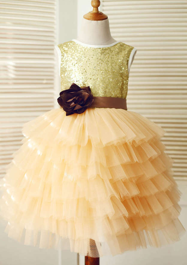 Asymmetrical Sequined Tulle Flower Girl Dress with Elegant Sashes - A-line/Princess Scoop Neck