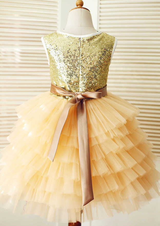 Asymmetrical Sequined Tulle Flower Girl Dress with Elegant Sashes - A-line/Princess Scoop Neck