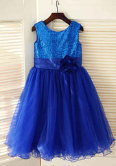 Tea-Length Sequined Tulle Flower Girl Dress with Floral Sashes - A-line/Princess Scoop Neck