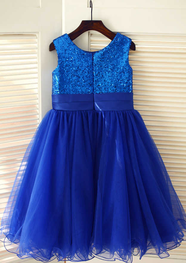 Tea-Length Sequined Tulle Flower Girl Dress with Floral Sashes - A-line/Princess Scoop Neck