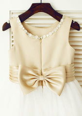 Tea-Length Satin and Tulle Flower Girl Dress with Adorable Bowknot - A-line/Princess Scoop Neck