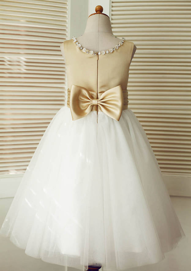 Tea-Length Satin and Tulle Flower Girl Dress with Adorable Bowknot - A-line/Princess Scoop Neck