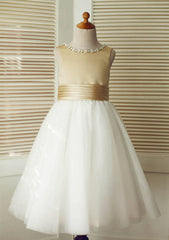 Tea-Length Satin and Tulle Flower Girl Dress with Adorable Bowknot - A-line/Princess Scoop Neck