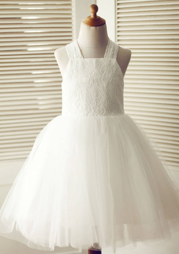 Knee-Length Halter Lace and Tulle Flower Girl Dress with Cute Bowknot - A-line/Princess